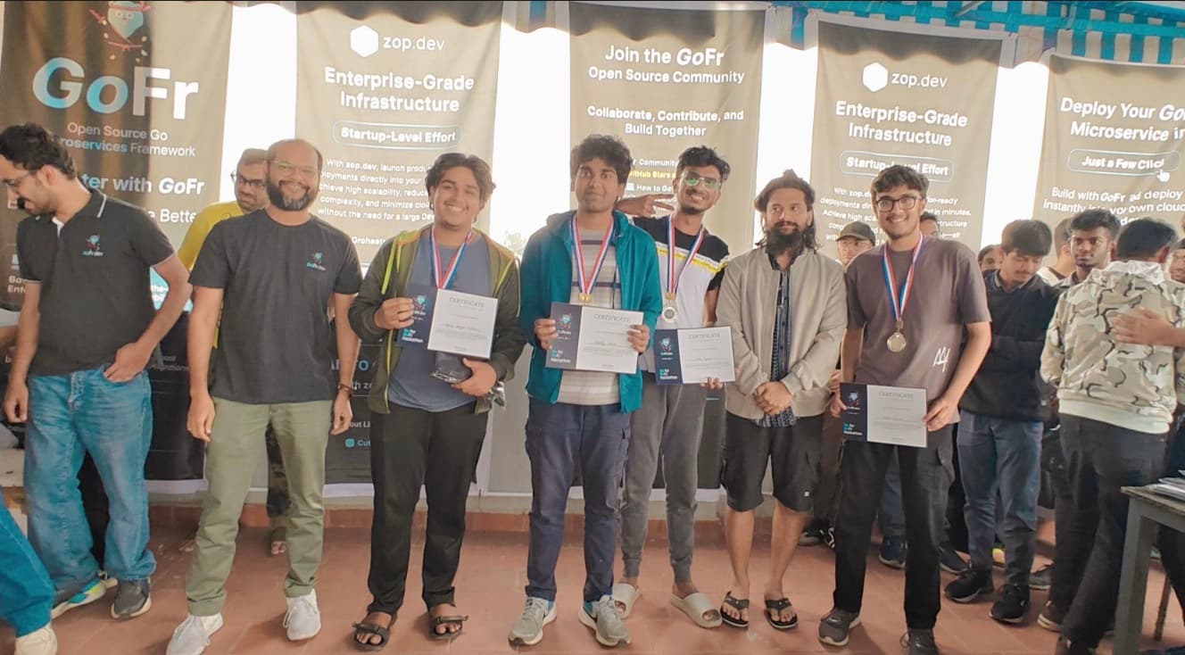 The GoFr Hackathon runner-up team with their medals and certificates
