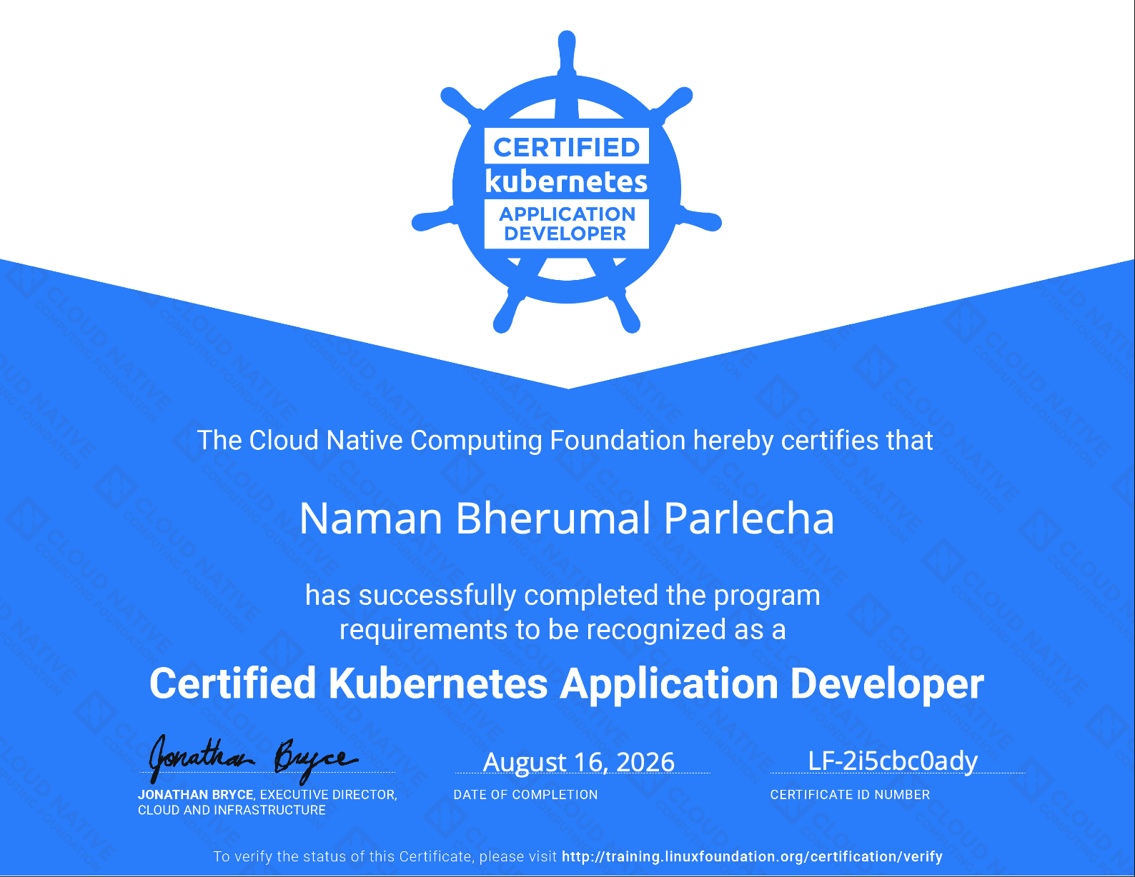 Certified Kubernetes Application Developer certificate issued to Naman Bherumal Parlecha